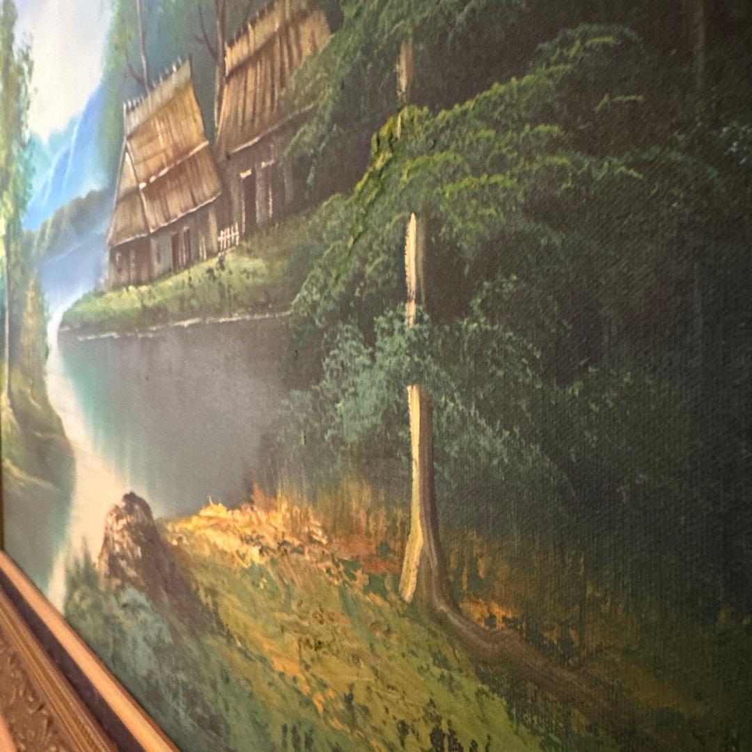 風景画 油彩画 湖畔の家