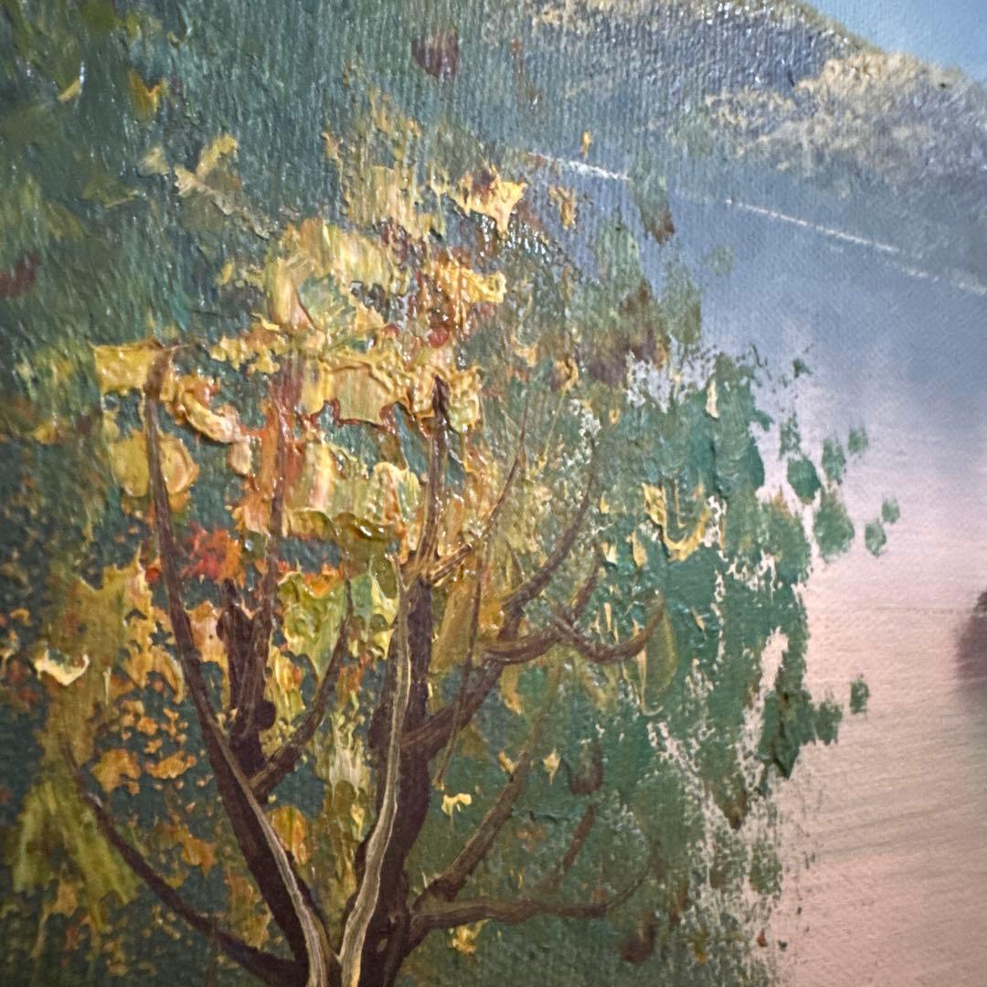 風景画 油彩画 湖畔の家