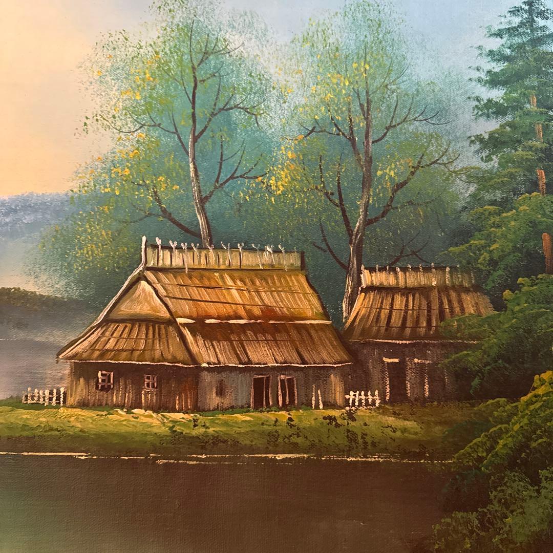 風景画 油彩画 湖畔の家