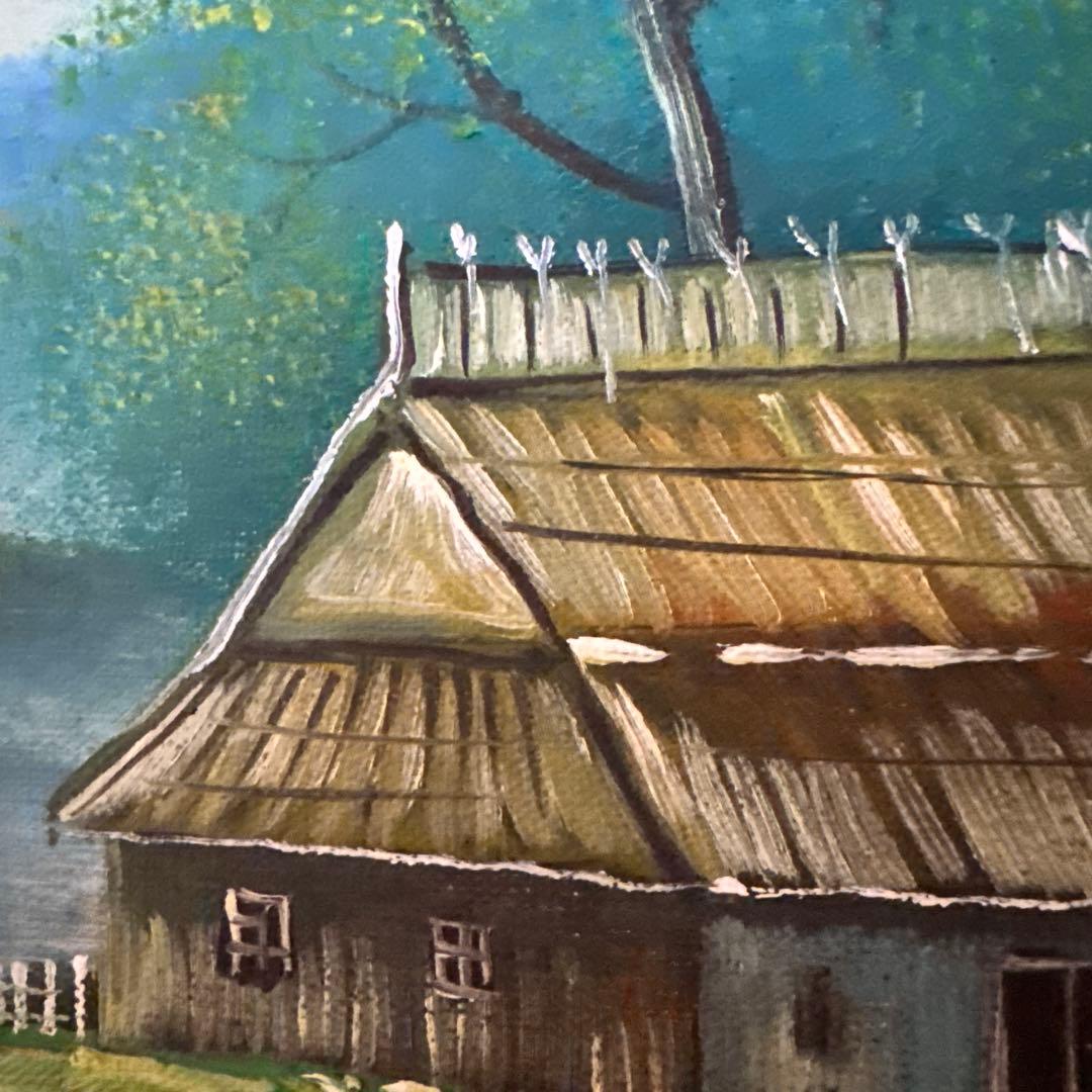 風景画 油彩画 湖畔の家