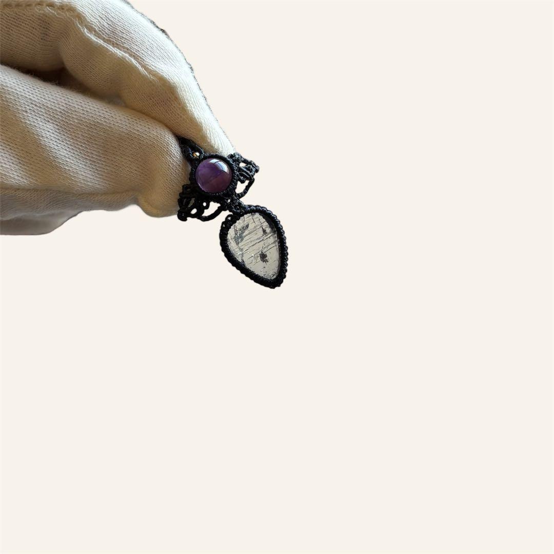 天然石マクラメネックレス ホワイトラブラドライト×アメジスト 紺色 コード