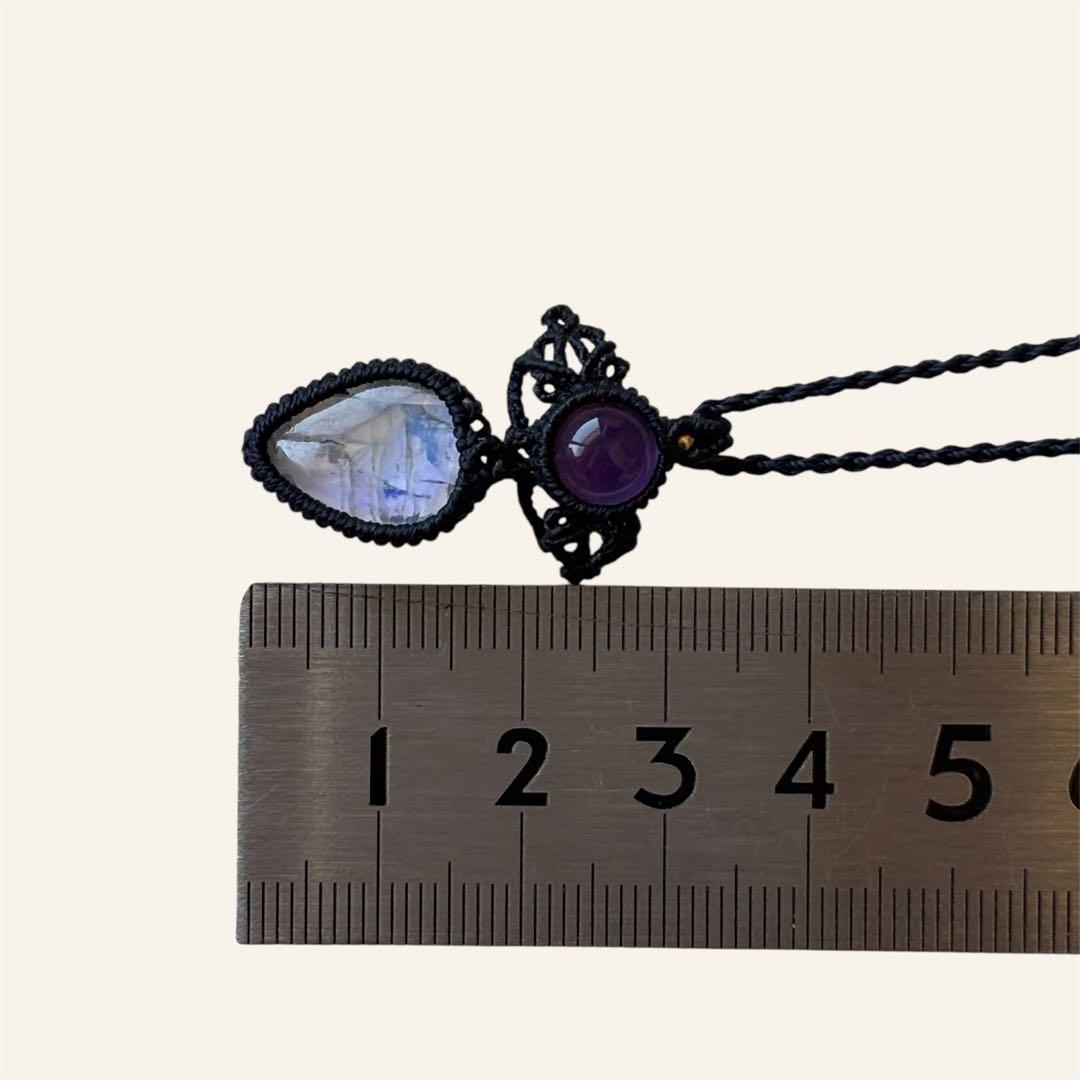 天然石マクラメネックレス ホワイトラブラドライト×アメジスト 紺色 コード