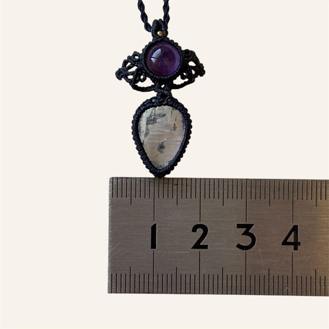 天然石マクラメネックレス ホワイトラブラドライト×アメジスト 紺色 コード