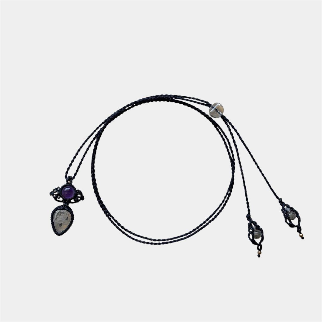天然石マクラメネックレス ホワイトラブラドライト×アメジスト 紺色 コード