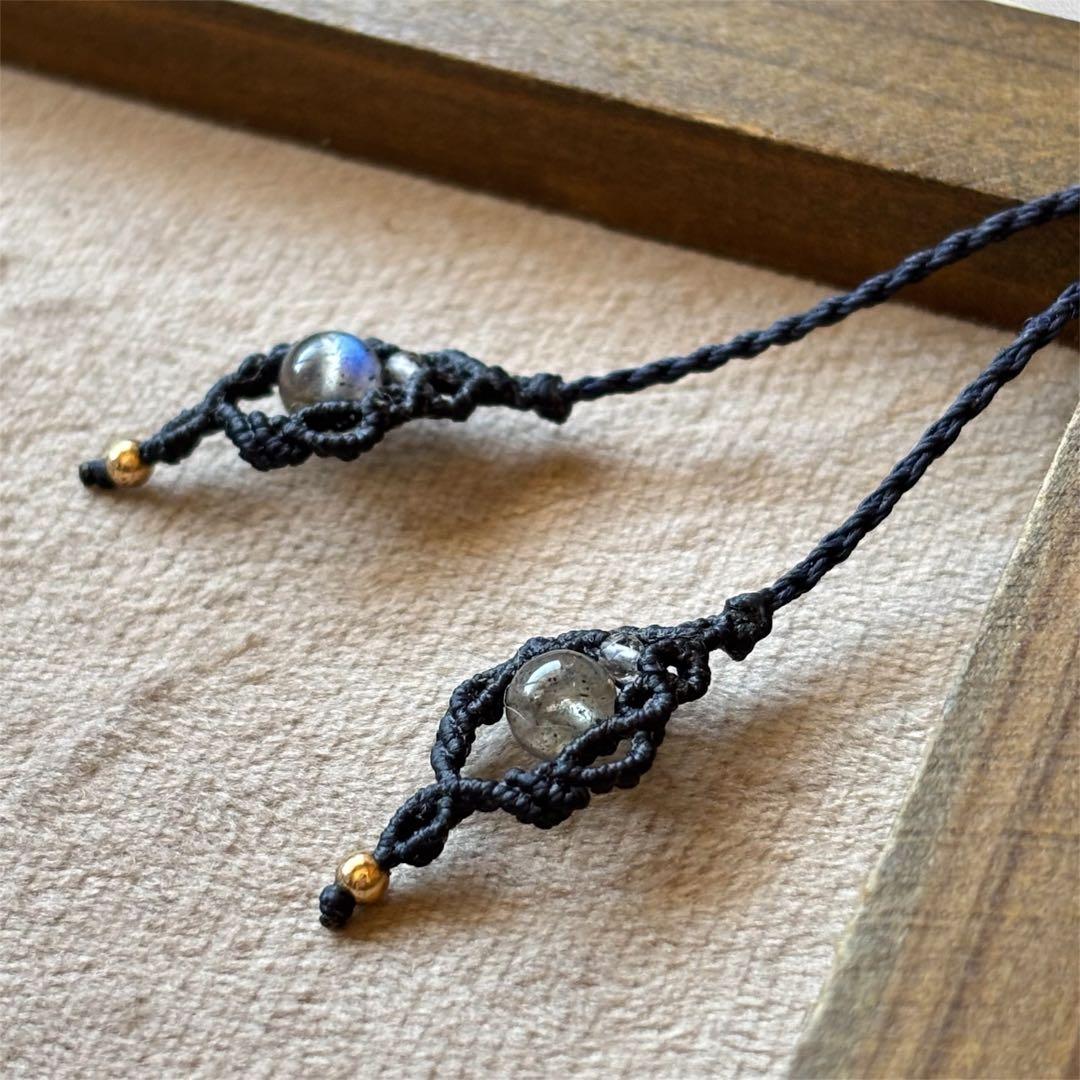天然石マクラメネックレス ホワイトラブラドライト×アメジスト 紺色 コード