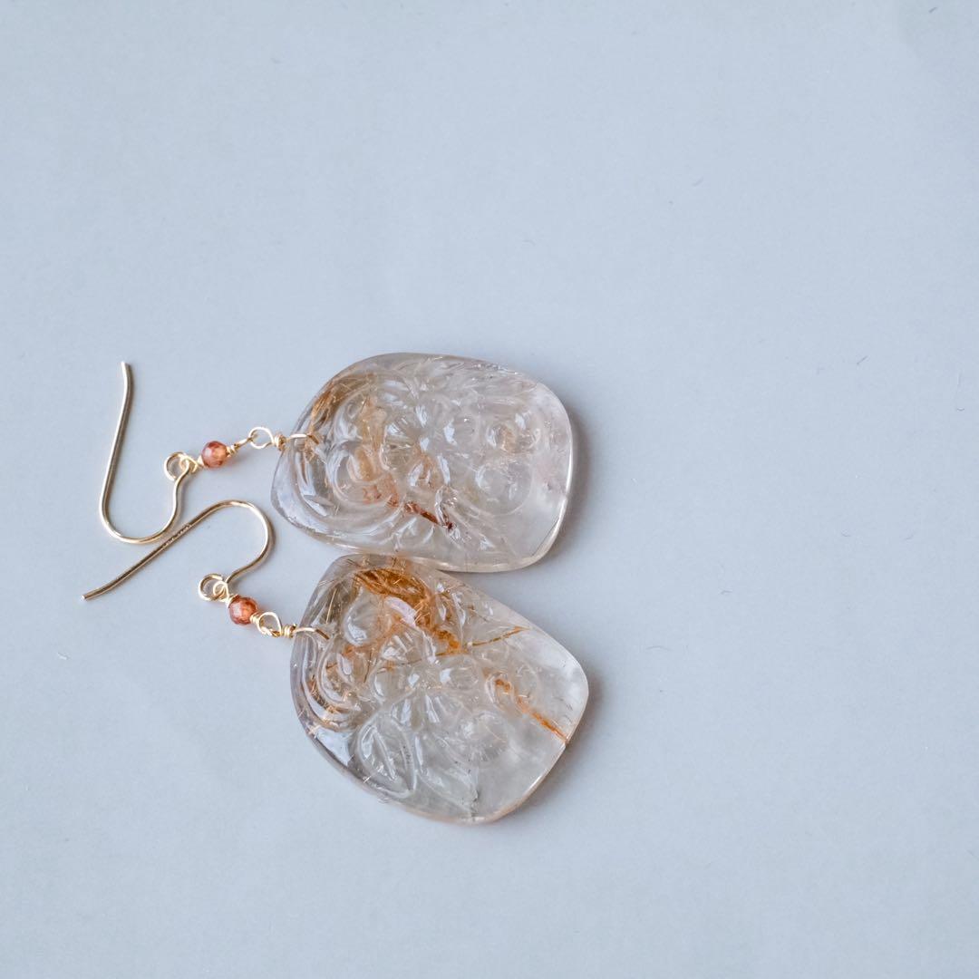 14kgfルチルクォーツカービングピアス/イヤリング