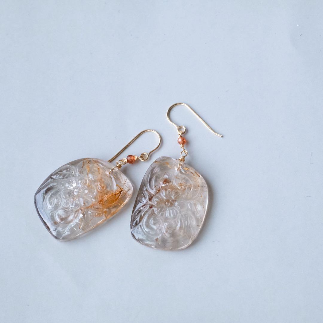 14kgfルチルクォーツカービングピアス/イヤリング