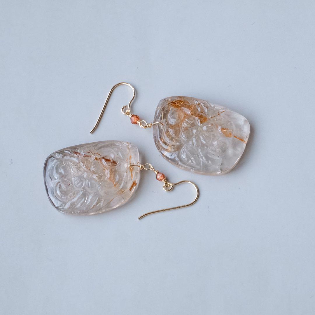 14kgfルチルクォーツカービングピアス/イヤリング