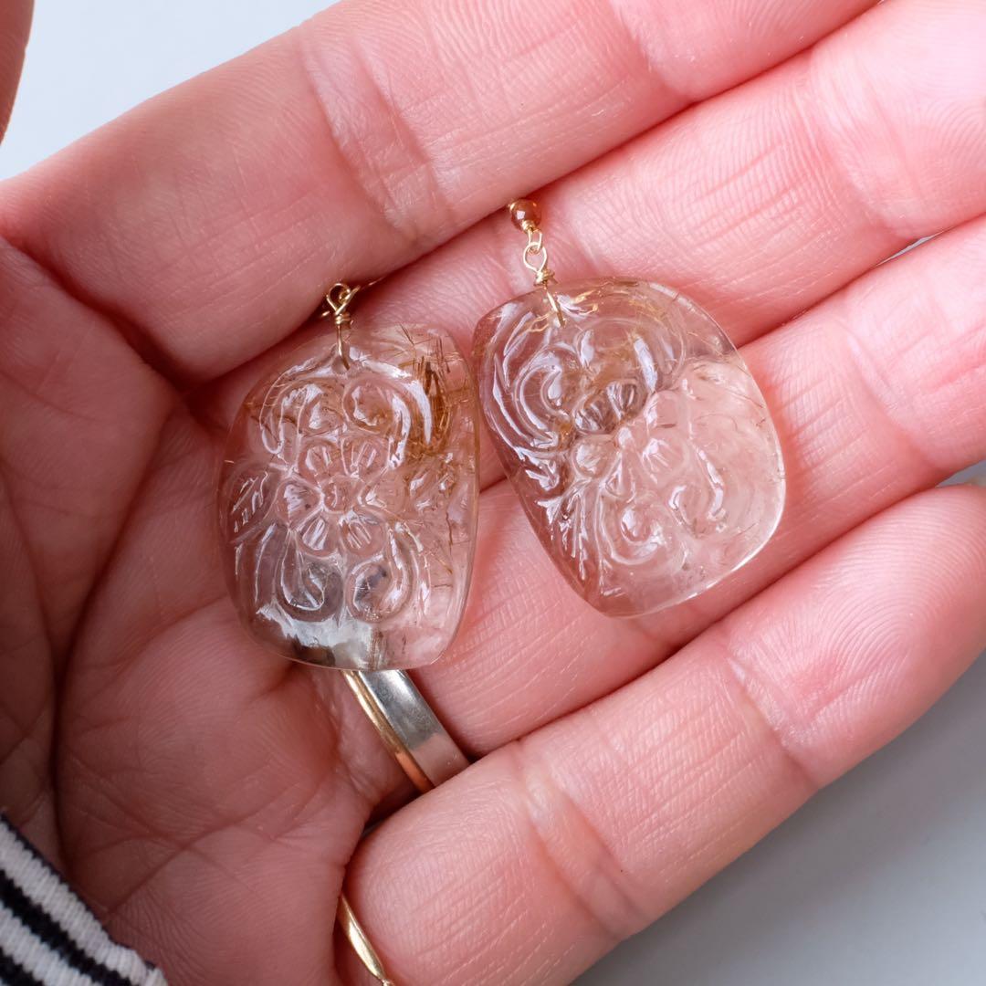 14kgfルチルクォーツカービングピアス/イヤリング