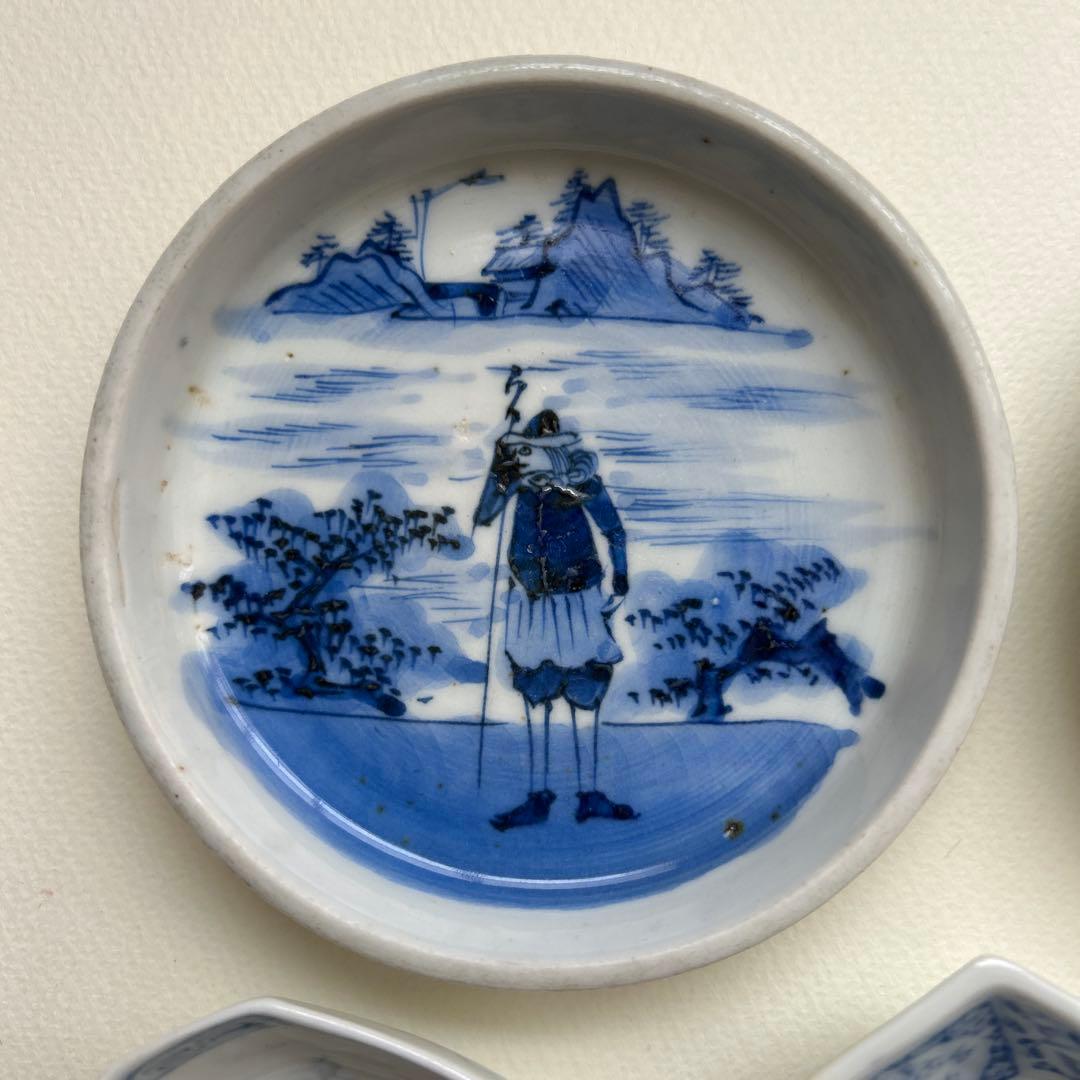 骨董　豆皿　福良雀　染付　菱形　印判　印判皿　小皿　アンティーク　南蛮人