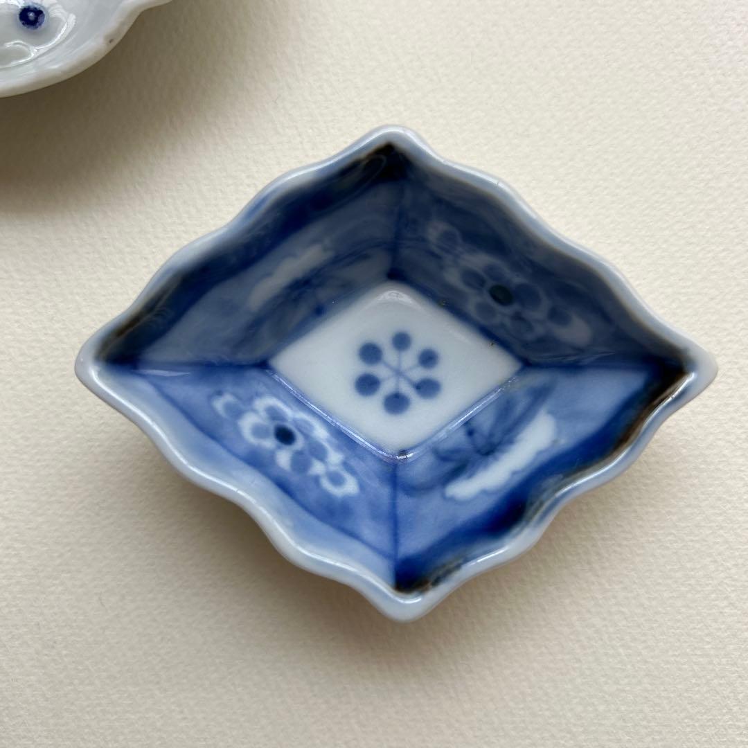 骨董　豆皿　福良雀　染付　菱形　印判　印判皿　小皿　アンティーク　南蛮人