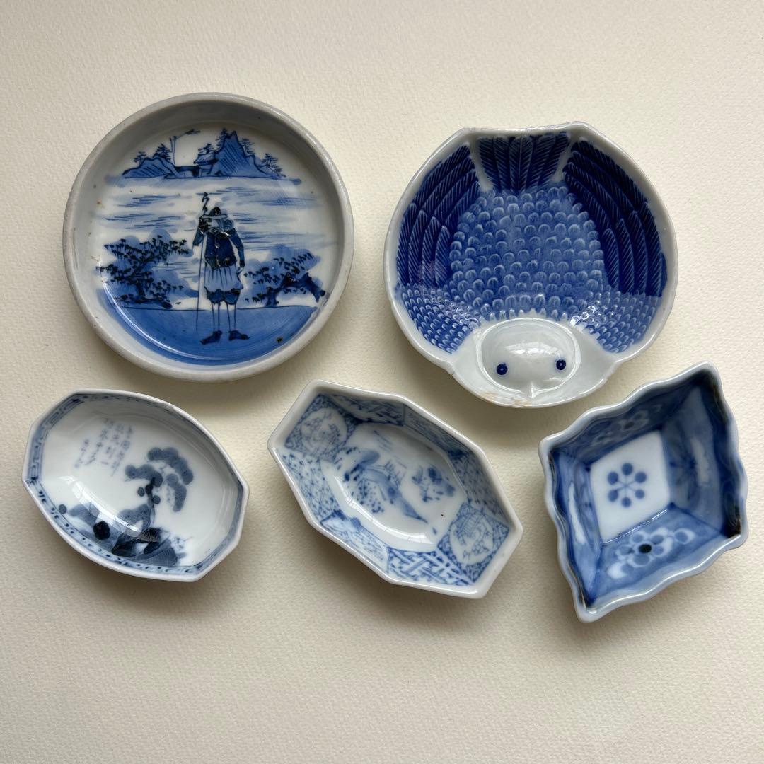 骨董　豆皿　福良雀　染付　菱形　印判　印判皿　小皿　アンティーク　南蛮人