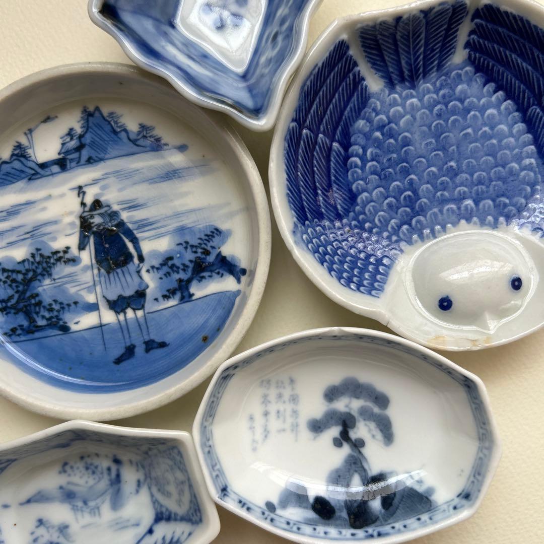 骨董　豆皿　福良雀　染付　菱形　印判　印判皿　小皿　アンティーク　南蛮人