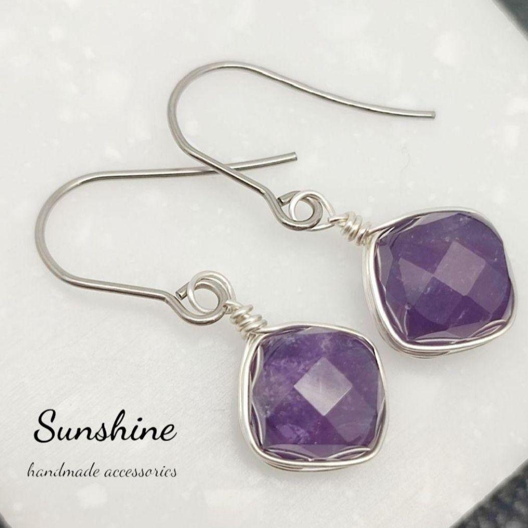 【94】アメジストキューブカット一粒ピアス/イヤリング現品