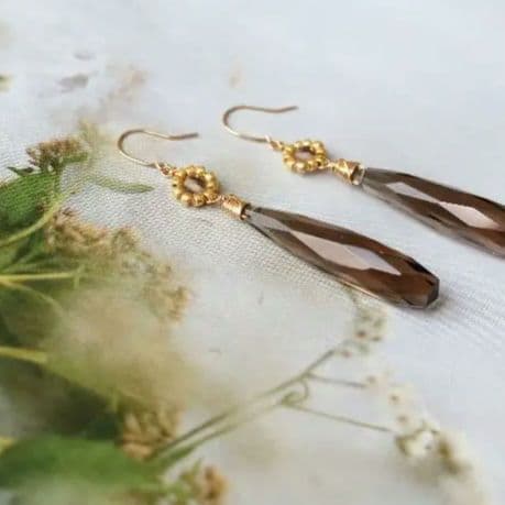 K10YG スモーキークォーツ ロングドロップ ピアス