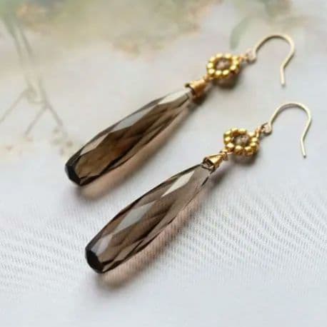 K10YG スモーキークォーツ ロングドロップ ピアス