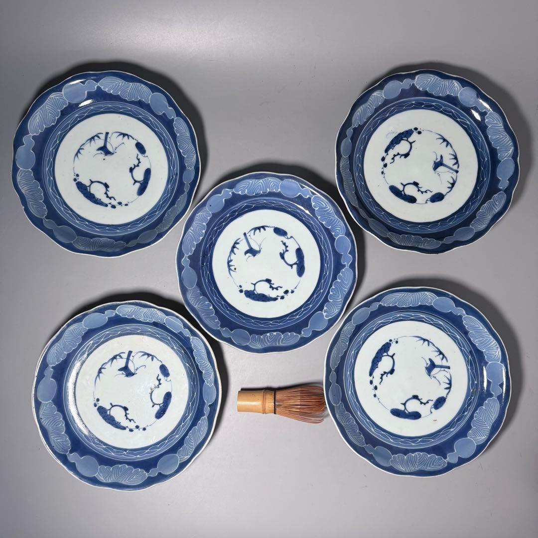 江戸後期　古伊万里　墨弾き　染付　松竹梅　瓢箪文様　5枚　23.3cm　雰囲気◎