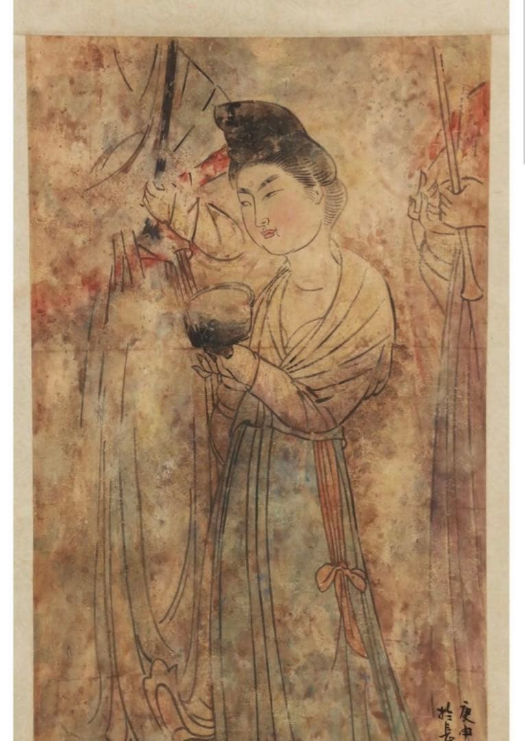 掛軸(紙本) 墨彩 「唐代仕女図」 落款,印有