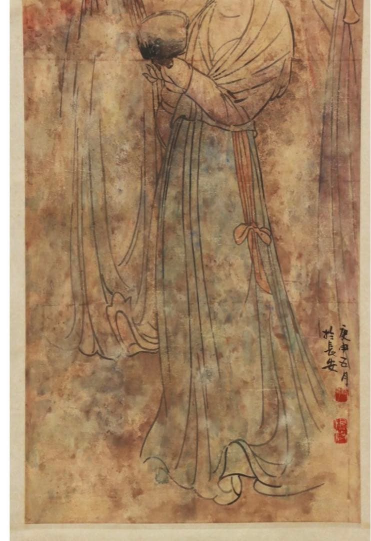 掛軸(紙本) 墨彩 「唐代仕女図」 落款,印有