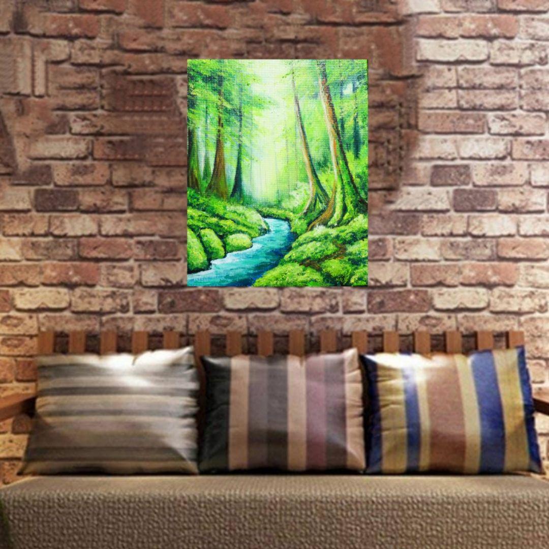 油絵 油彩 油彩画 絵 絵画 【新緑の渓谷】