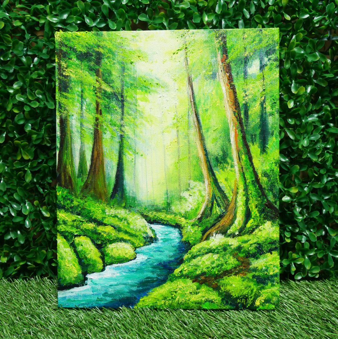 油絵 油彩 油彩画 絵 絵画 【新緑の渓谷】