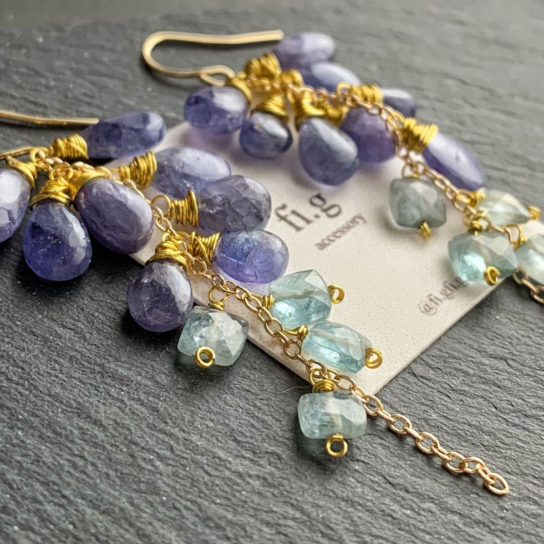 14kgf タンザナイト×アクアブルーカイヤナイト　たわわピアス　天然石