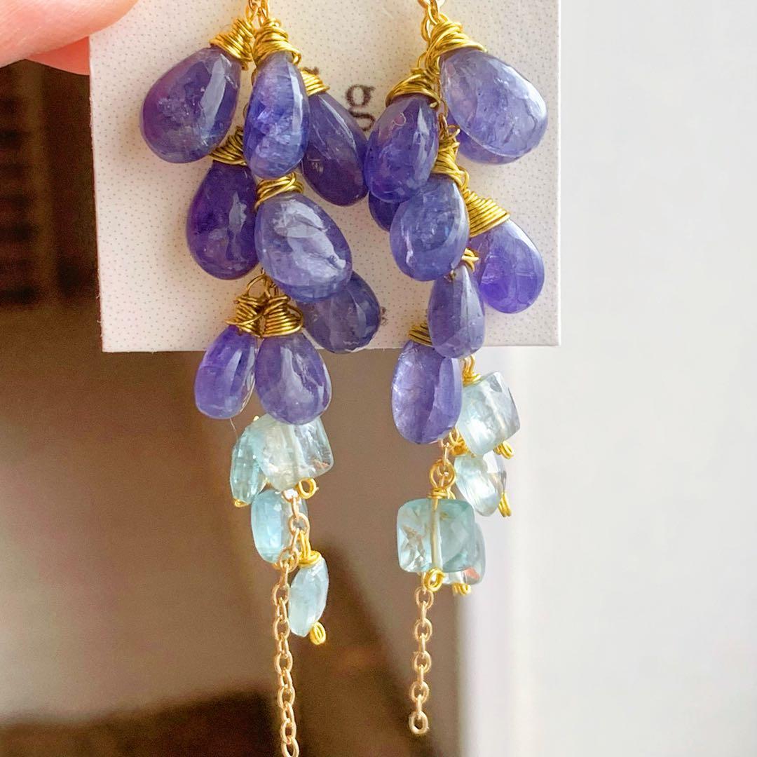 14kgf タンザナイト×アクアブルーカイヤナイト　たわわピアス　天然石