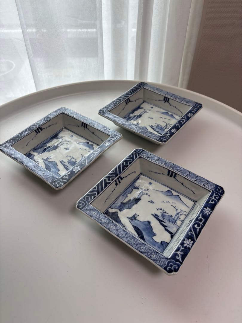 藤吉憲典 染付山水文正角型向付 三客 超美品