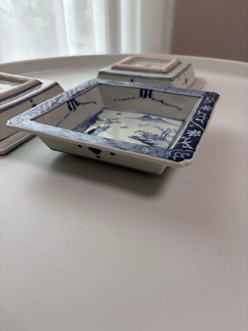 藤吉憲典 染付山水文正角型向付 三客 超美品