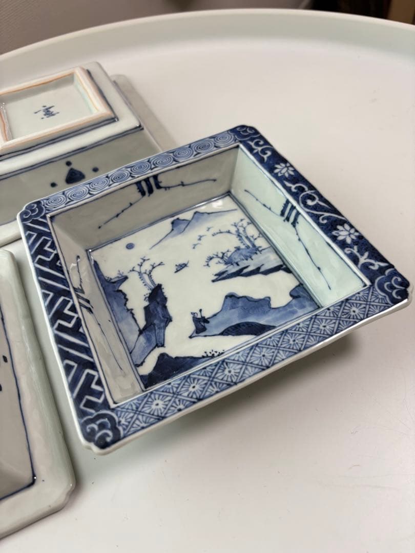 藤吉憲典 染付山水文正角型向付 三客 超美品