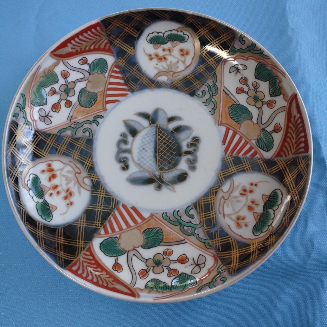 和食器大皿5点手描き色絵 金彩「富」アンティーク骨董昭和レトロ