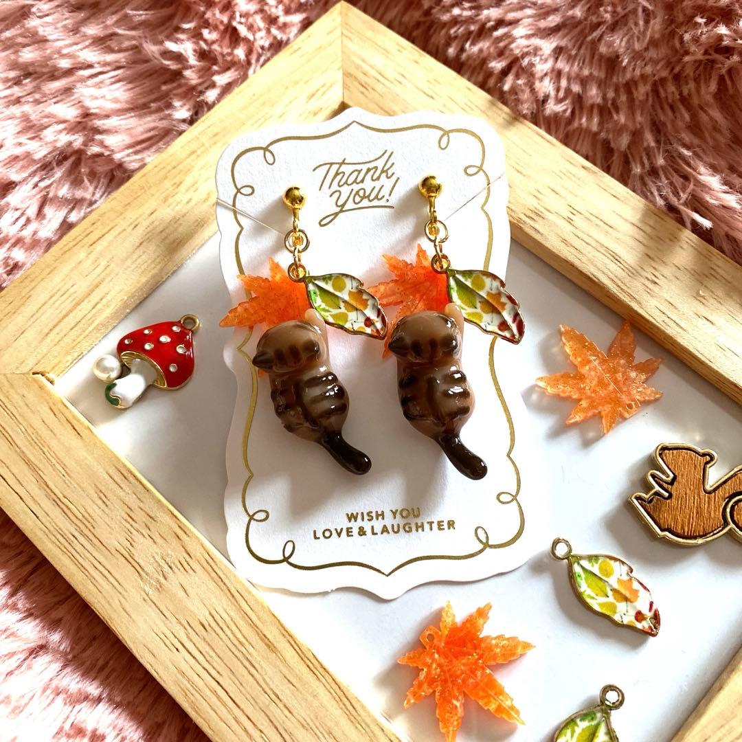 ☆紅葉と落ち葉が素敵♡秋シマシマ猫ちゃんイヤリング☆