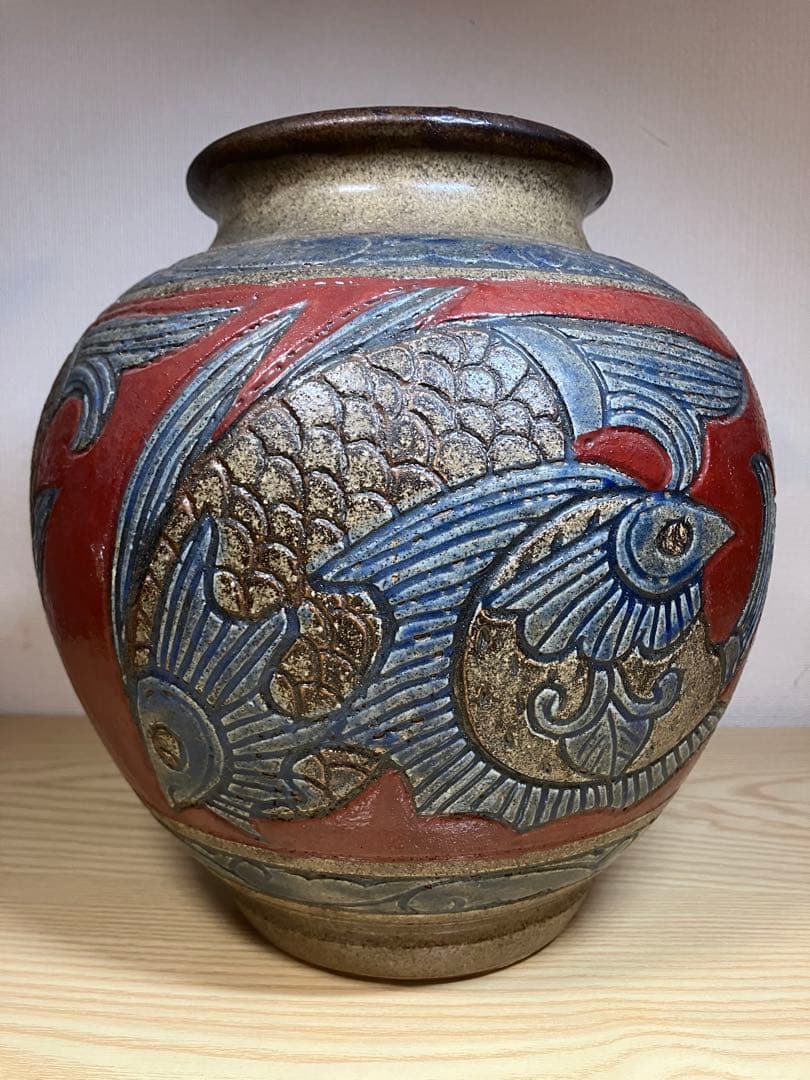 小橋川清正 壺屋焼 赤絵 魚紋 壷 花瓶 花入 花生 沖縄