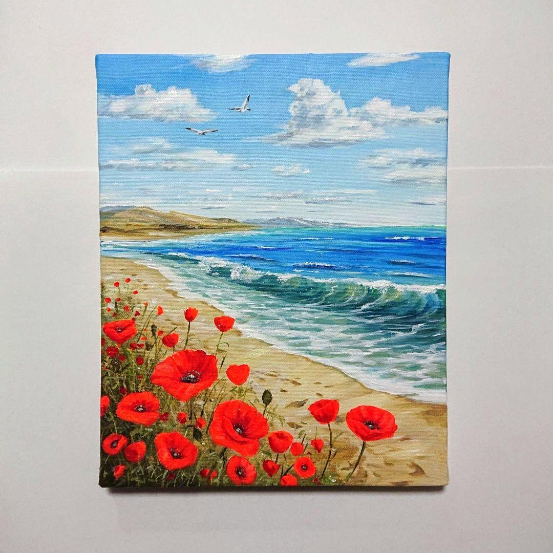 【ポピーが見る海】アクリル画 F3 風景画 絵画