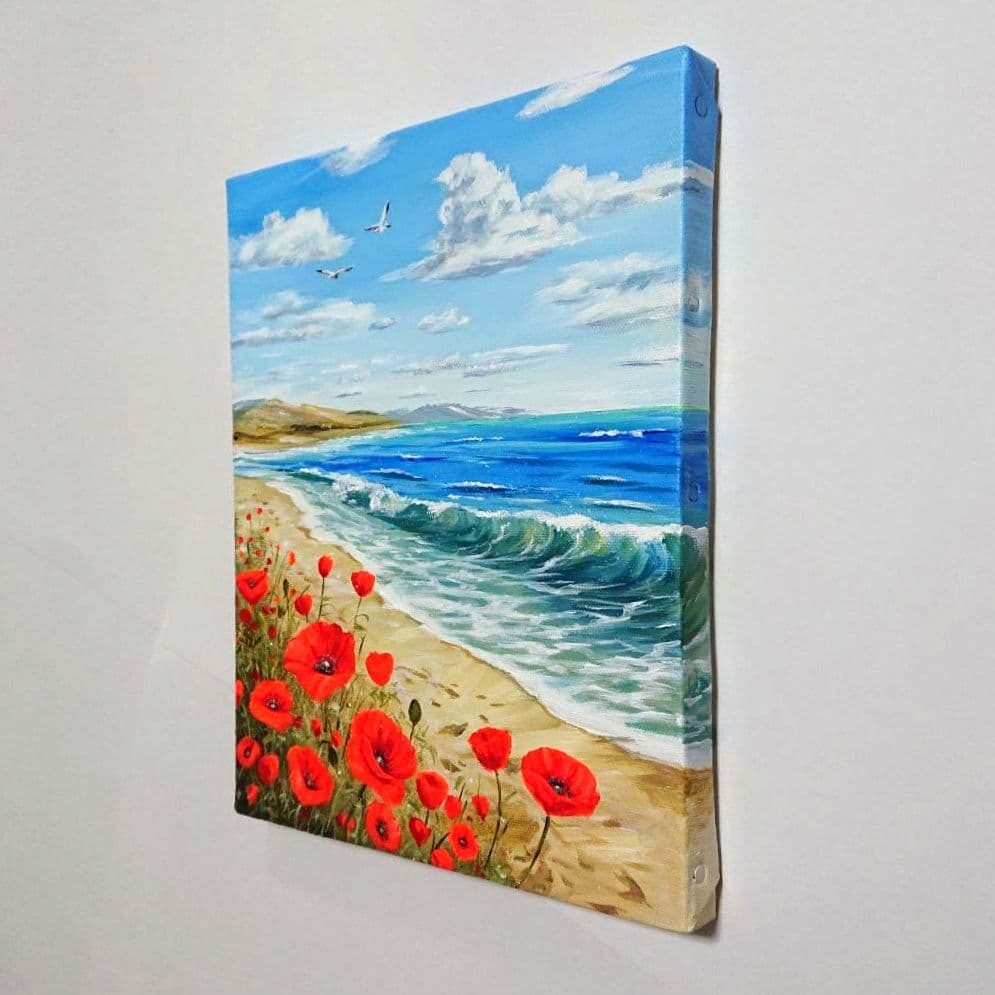 【ポピーが見る海】アクリル画 F3 風景画 絵画