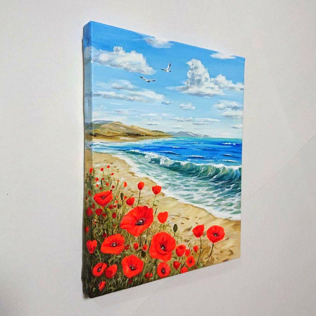 【ポピーが見る海】アクリル画 F3 風景画 絵画