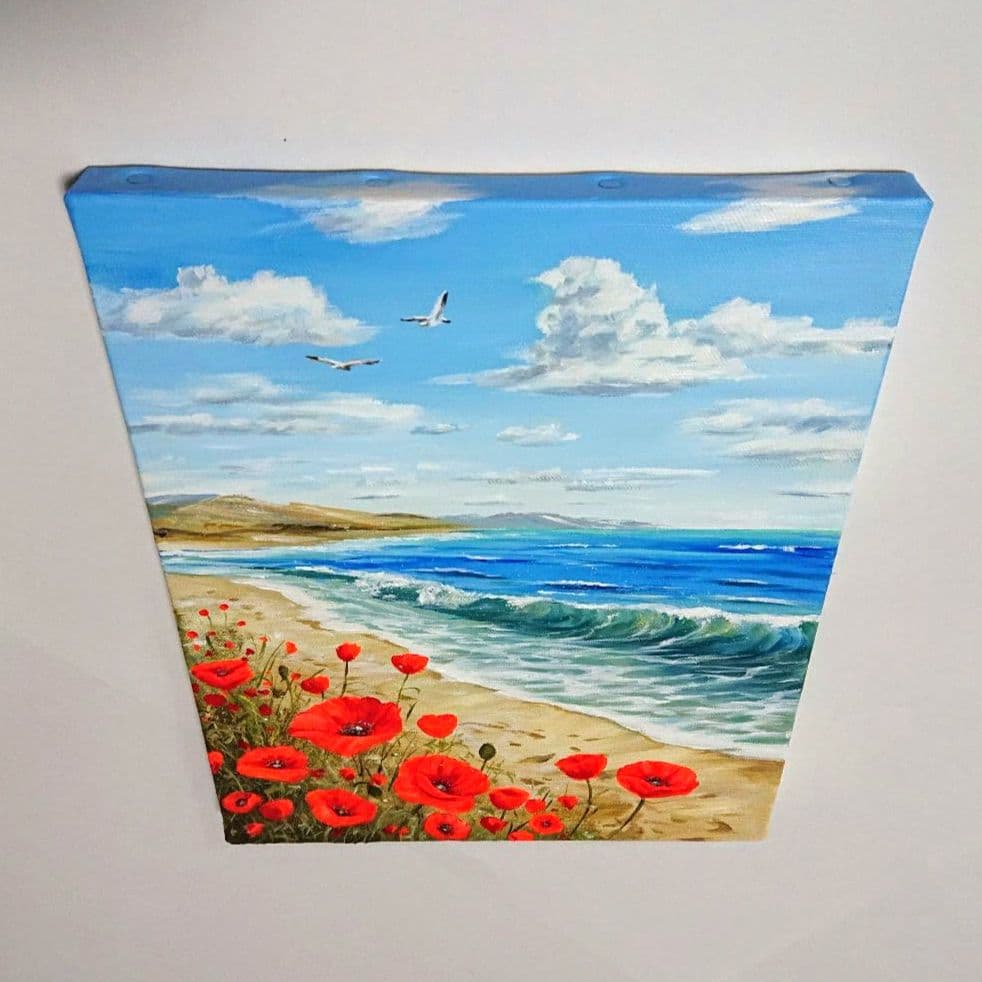 【ポピーが見る海】アクリル画 F3 風景画 絵画