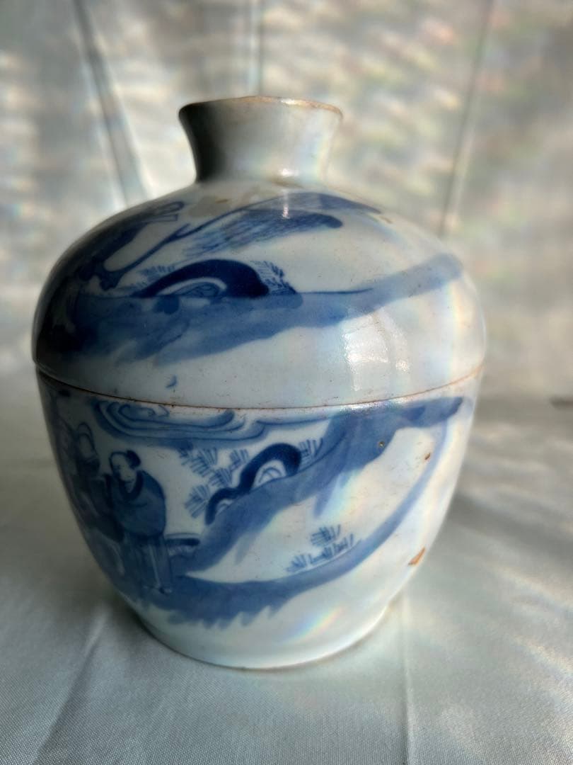 古美術 青花人物文 蓋壺