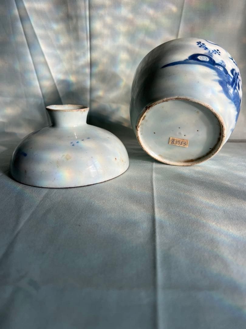 古美術 青花人物文 蓋壺