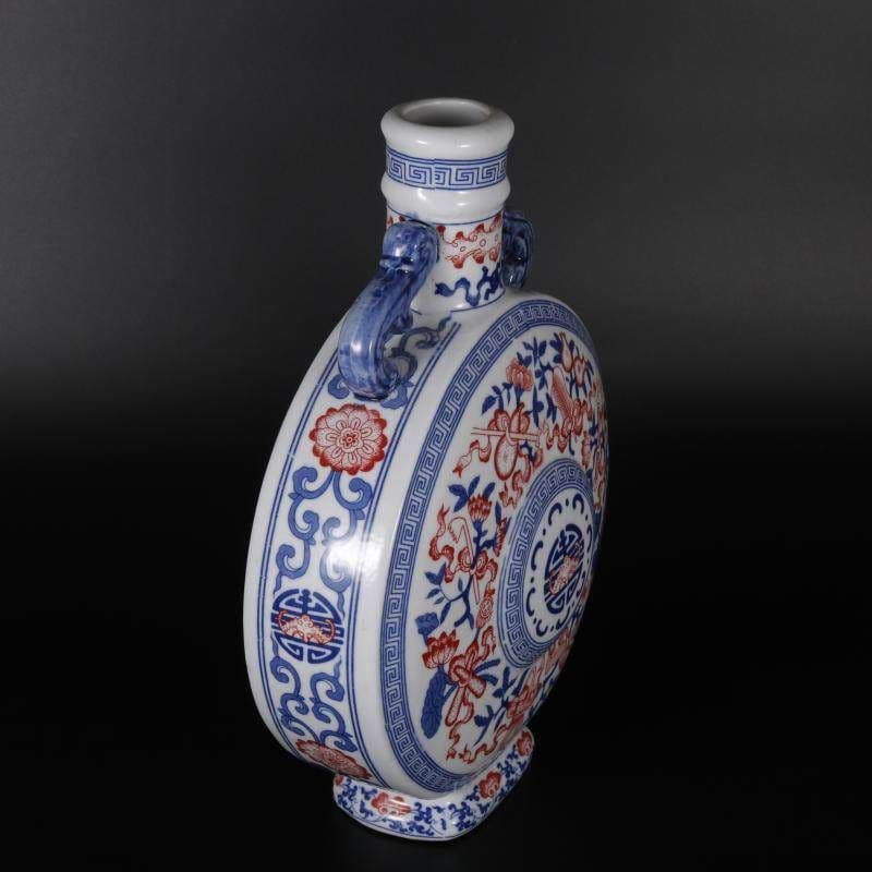 青花釉里紅抱月扁瓶 景徳鎮 陶磁 花瓶 現代工芸品 美術品 装飾品