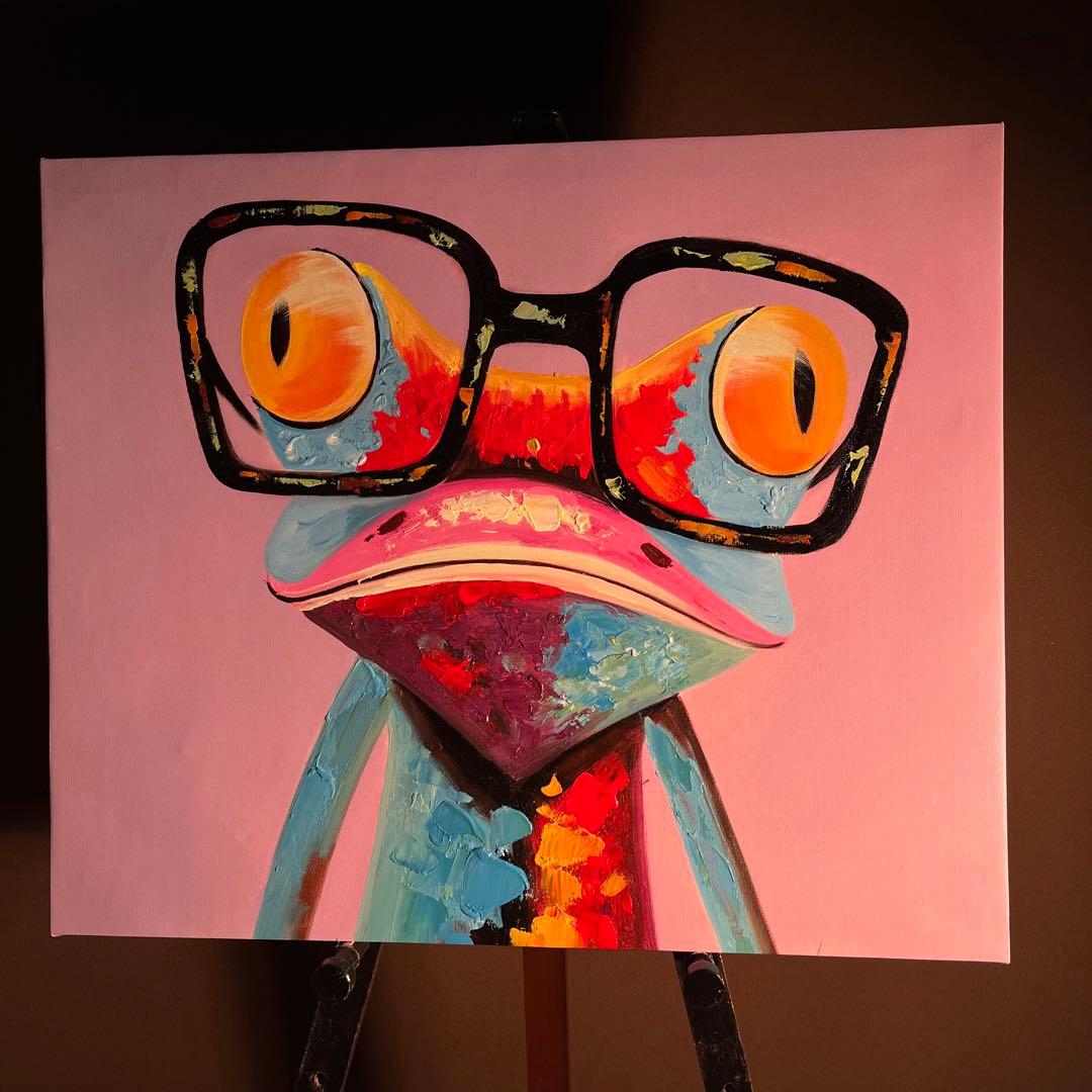 手書き油絵 メガネかえる 絵画 インテリア 油彩画