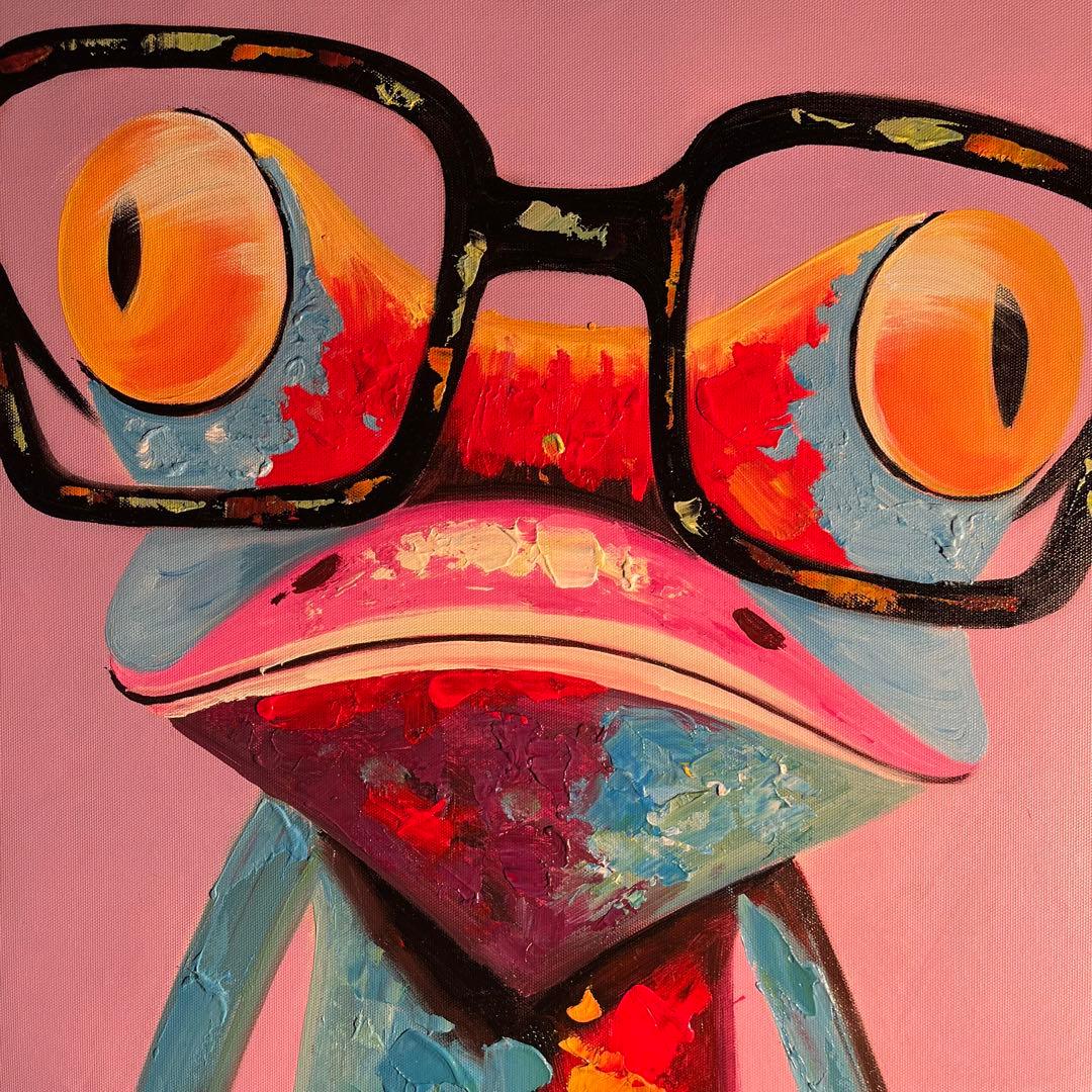 手書き油絵 メガネかえる 絵画 インテリア 油彩画