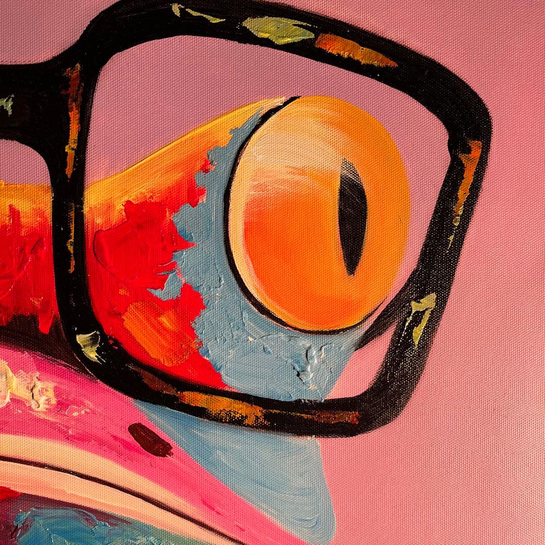 手書き油絵 メガネかえる 絵画 インテリア 油彩画