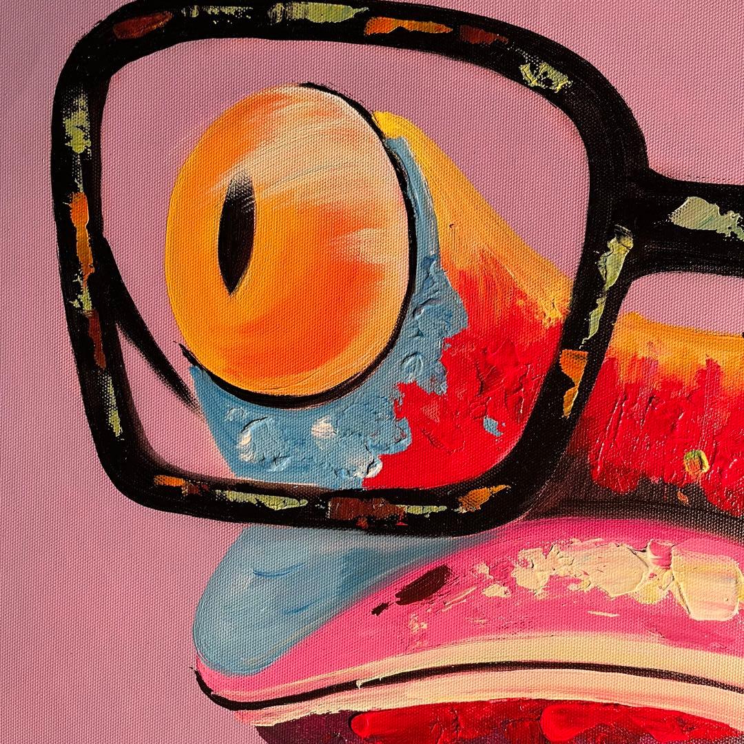 手書き油絵 メガネかえる 絵画 インテリア 油彩画