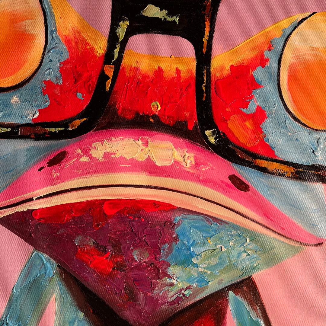 手書き油絵 メガネかえる 絵画 インテリア 油彩画