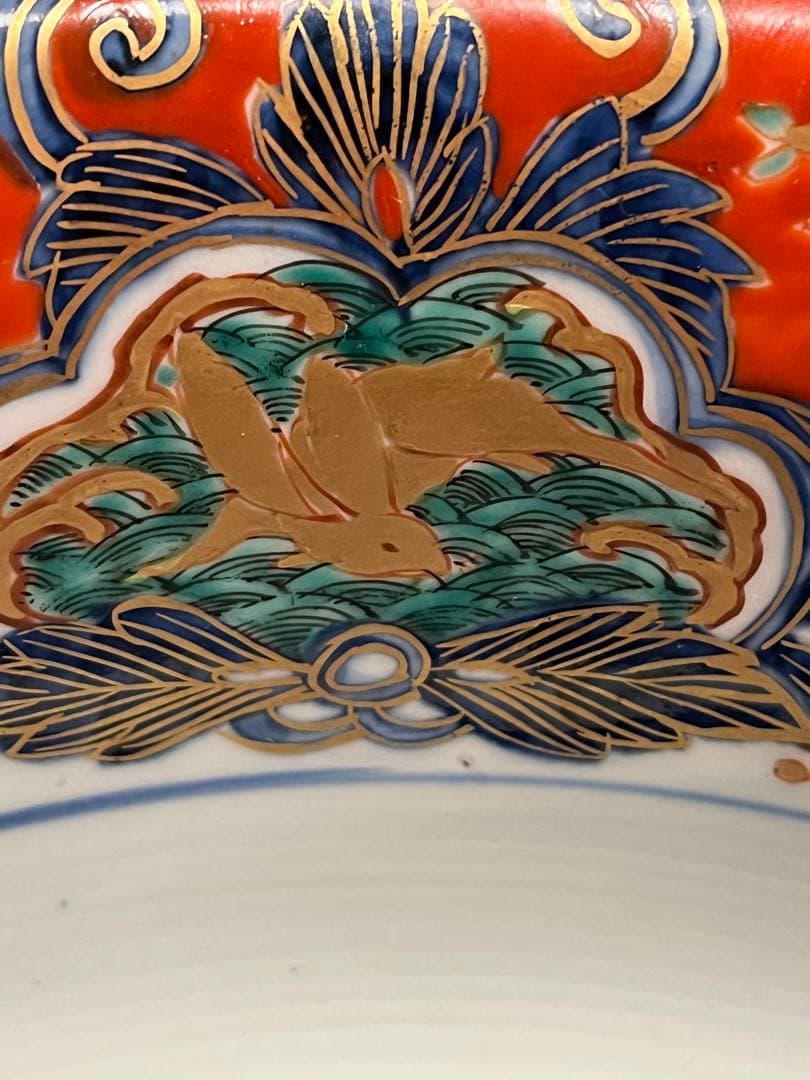 A897 大聖寺伊万里　波兎　竹林賢人　宝尽紋様　赤絵三鉢　『大明萬暦年製』