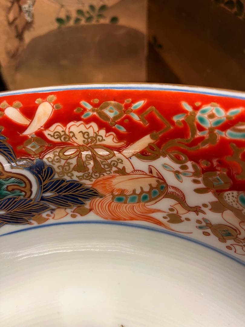 A897 大聖寺伊万里　波兎　竹林賢人　宝尽紋様　赤絵三鉢　『大明萬暦年製』