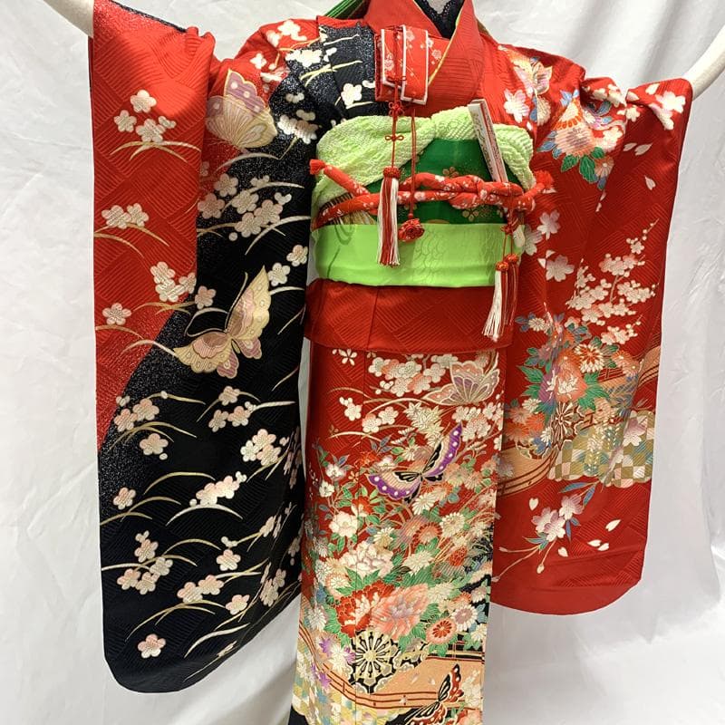 510ag17□七五三 七歳 女児 着物&袋帯 架け橋に花車 蝶 桜□状態良好