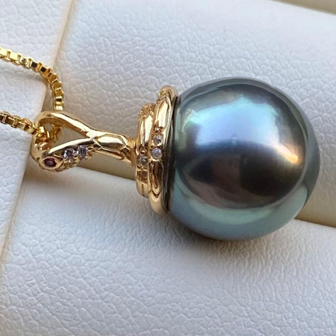 本真珠　南洋黒蝶真珠ネックレストップ 12.8mmグリーンPT786