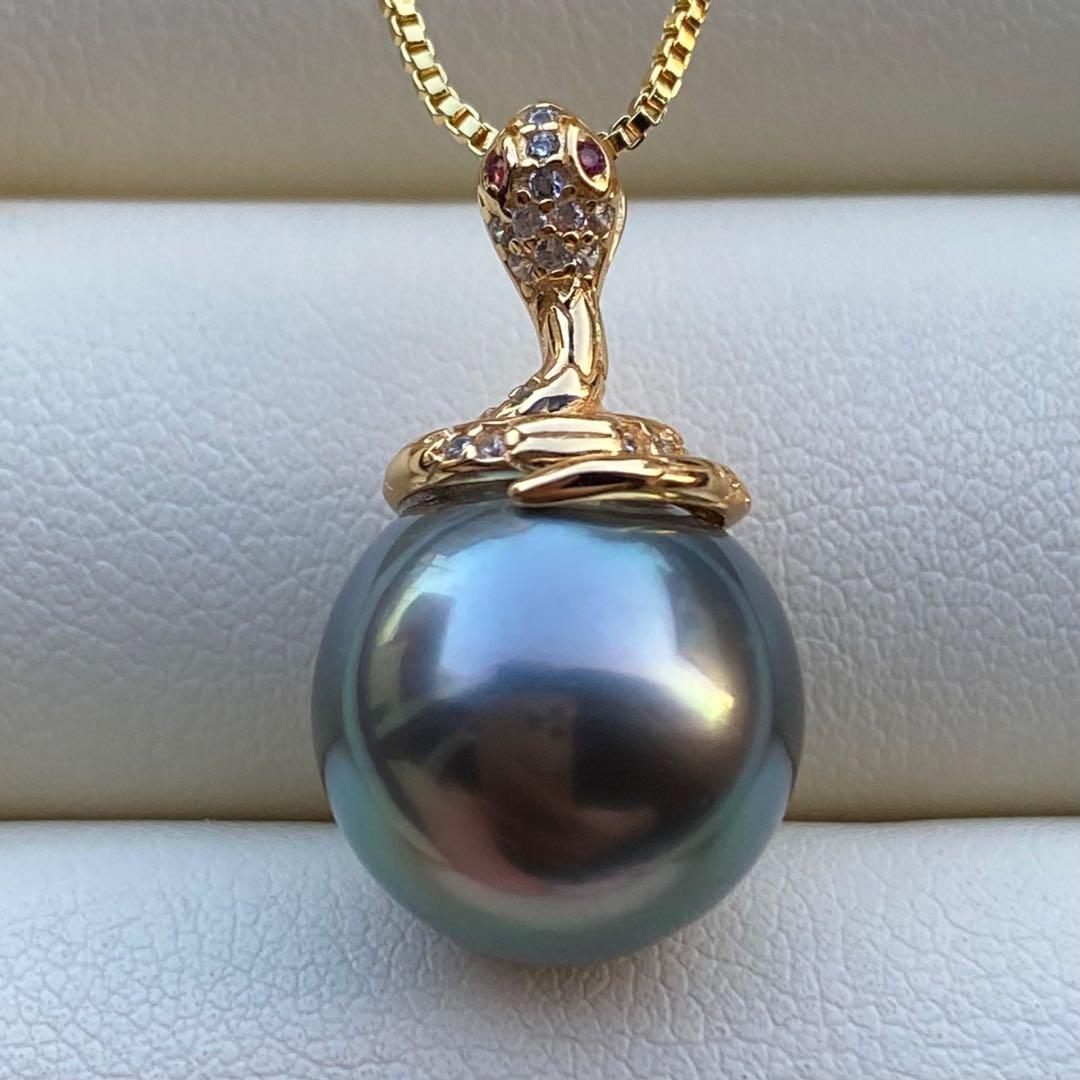 本真珠　南洋黒蝶真珠ネックレストップ 12.8mmグリーンPT786